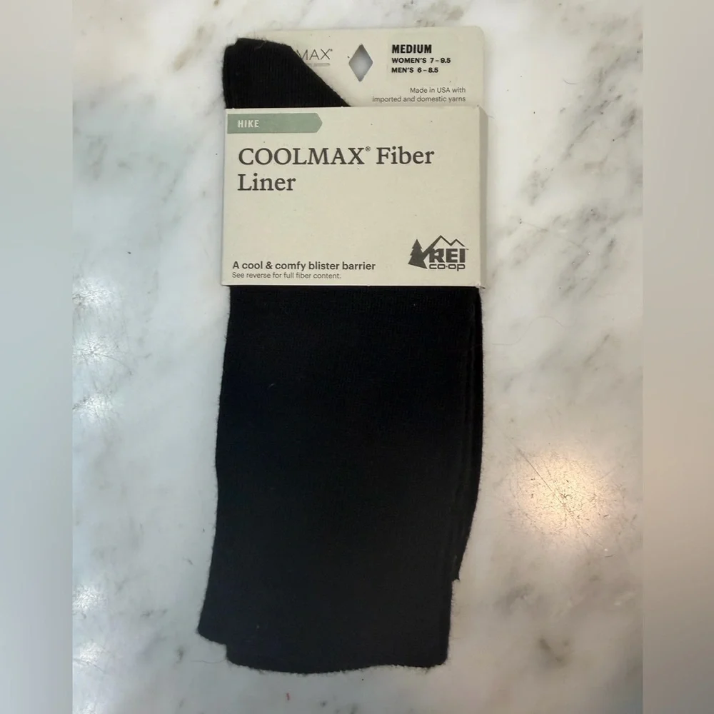 NWT REI Co-op COOLMAX Fiber Liner Hiking Socks black men’s 6-8.5 women’s 7-9.5